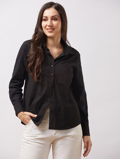 globue women black collared neck schiffli cuff sleeves curved hem shirt - 21943260 - Very Small Image - 1