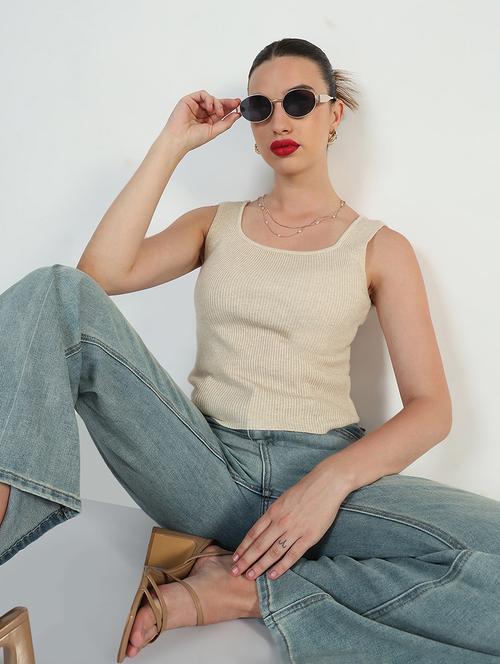 women beige solid sleeveless tank top - 21946360 - Very Small Image - 1