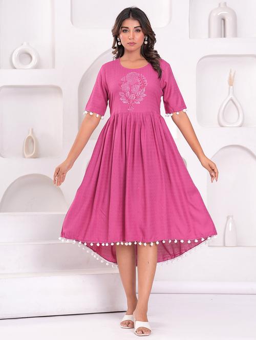 women embroidered short sleeve high low ethnic dress - 21947894 - Very Small Image - 1