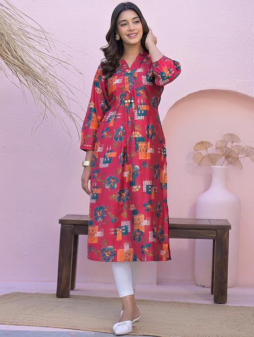 women pink printed long sleeve a-line kurta - 21947953 - Very Small Image - 1