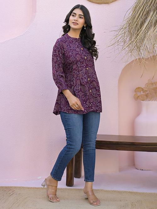 women purple printed long sleeve a-line kurti - 21947967 - Very Small Image - 1