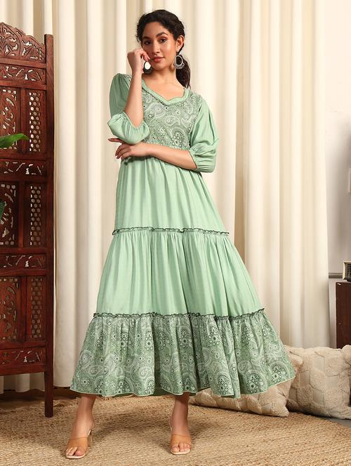 women three quarter sleeve tiered ethnic dress - 21948221 - Very Small Image - 1