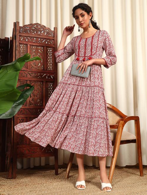 women three quarter sleeve tiered ethnic dress - 21948225 - Very Small Image - 1