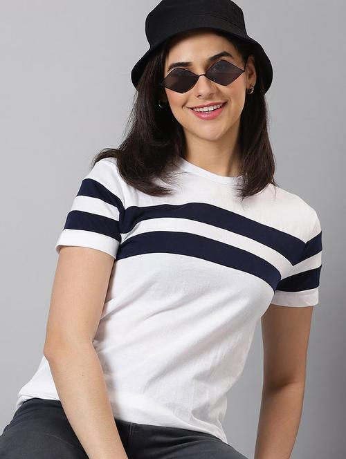 women striped chest print round neck t-shirt - 21948430 - Very Small Image - 1