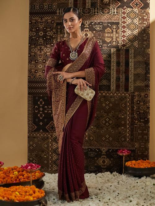 women solid with work embroidered saree with blouse - 21949694 - Very Small Image - 1