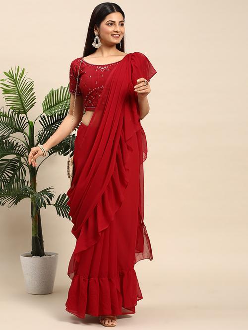 women solid with ruffle bordered saree with blouse - 21949918 - Very Small Image - 1
