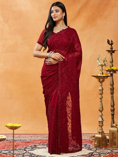 women solid with work embroidered saree with blouse - 21949972 - Very Small Image - 1