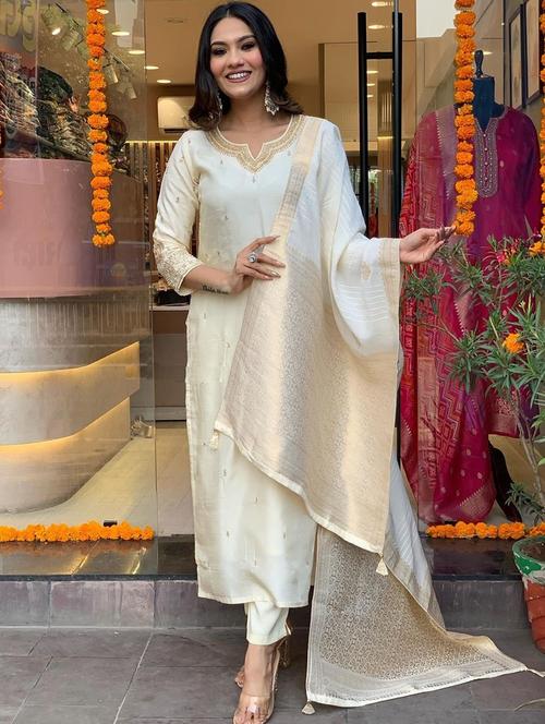 women three quarter sleeve kurta pant with dupatta set - 21954163 - Very Small Image - 1