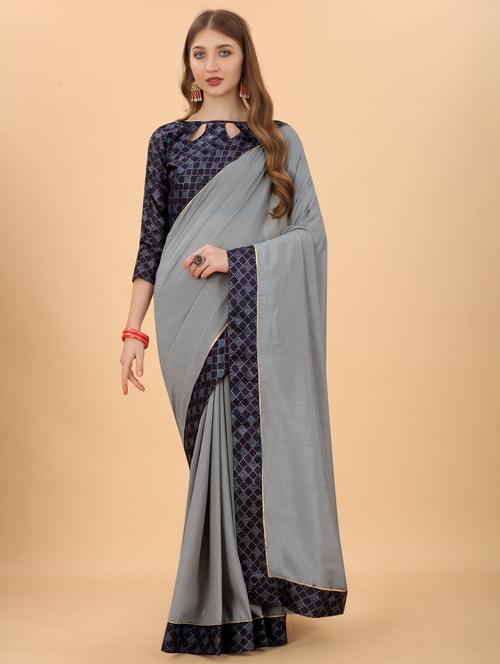 women solid with bordered saree with blouse - 21954218 - Very Small Image - 1