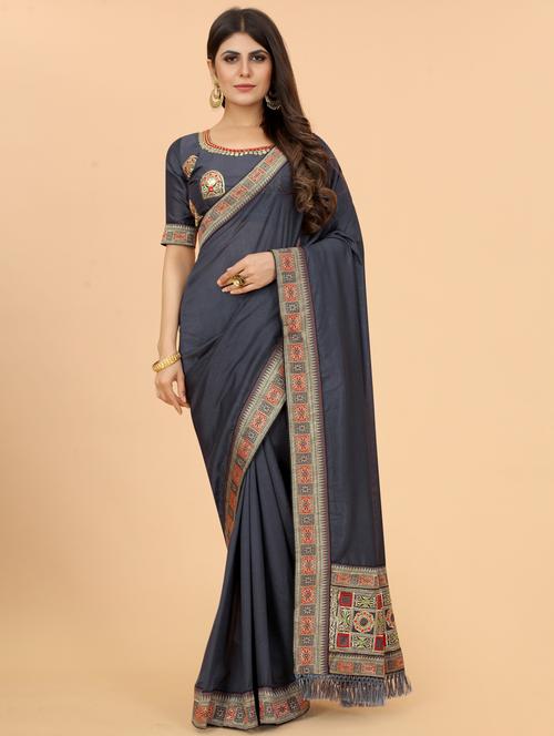 women solid with bordered saree with blouse - 21954223 - Very Small Image - 1