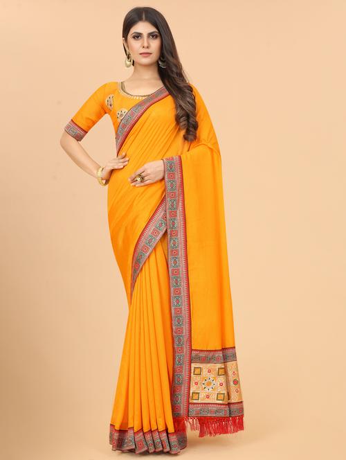 women solid with bordered saree with blouse - 21954225 - Very Small Image - 1