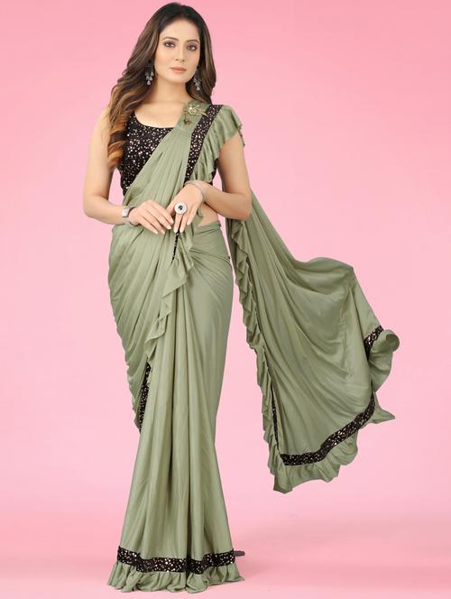 women solid with ruffle bordered saree with blouse - 21954240 - Very Small Image - 1