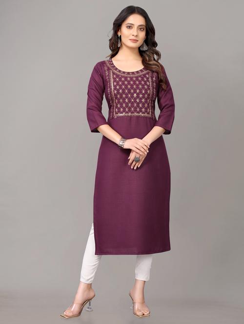women solid with work three quarter sleeve straight kurta - 21954341 - Very Small Image - 1