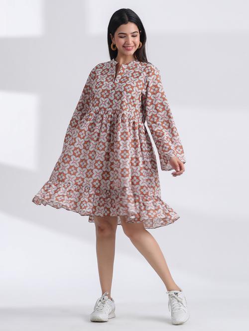 women printed long sleeve tiered ethnic dress - 21954642 - Very Small Image - 1