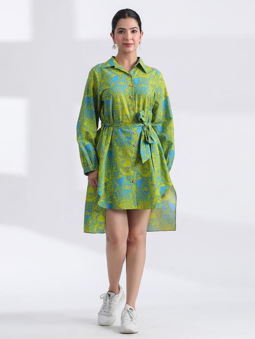 women printed long sleeve high low ethnic dress - 21954644 - Very Small Image - 1
