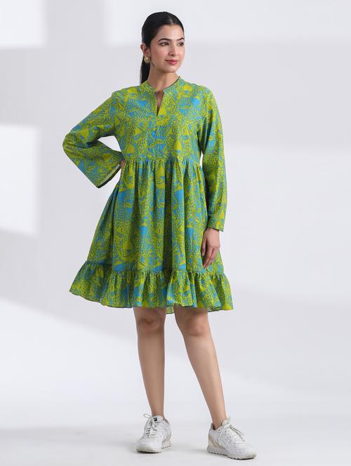 women printed long sleeve tiered ethnic dress - 21954645 - Very Small Image - 1