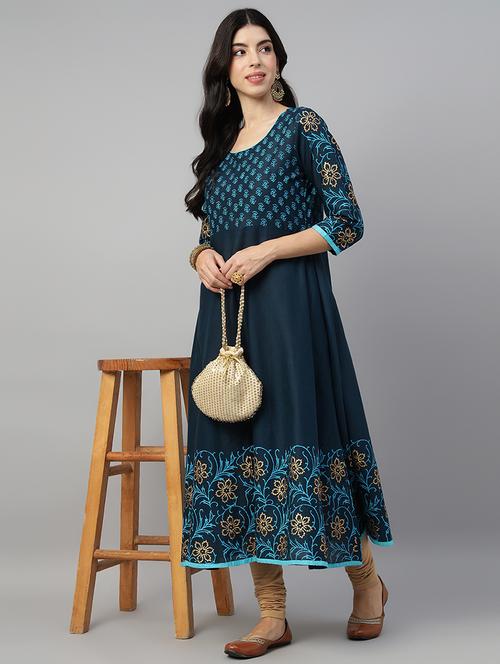women printed three quarter sleeve anarkali kurta - 21961580 - Very Small Image - 1
