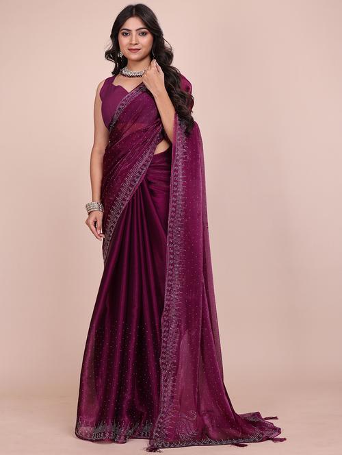 women solid with work embellished saree with blouse - 21962055 - Very Small Image - 1