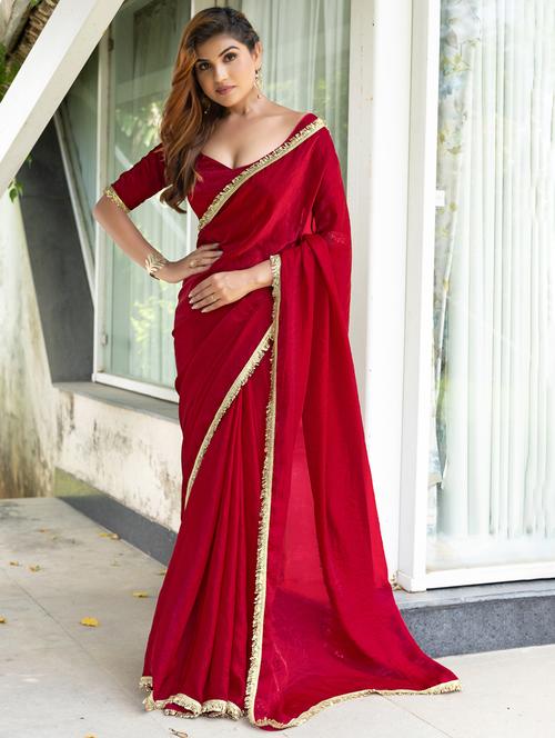 women solid with embellished bordered saree with blouse - 21962552 - Very Small Image - 1
