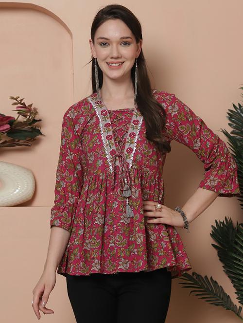 women three quarter sleeve a-line ethnic top - 21964837 - Very Small Image - 1