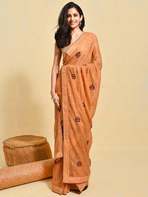 women solid with work embroidered saree with blouse - 21965540 - Very Small Image - 1
