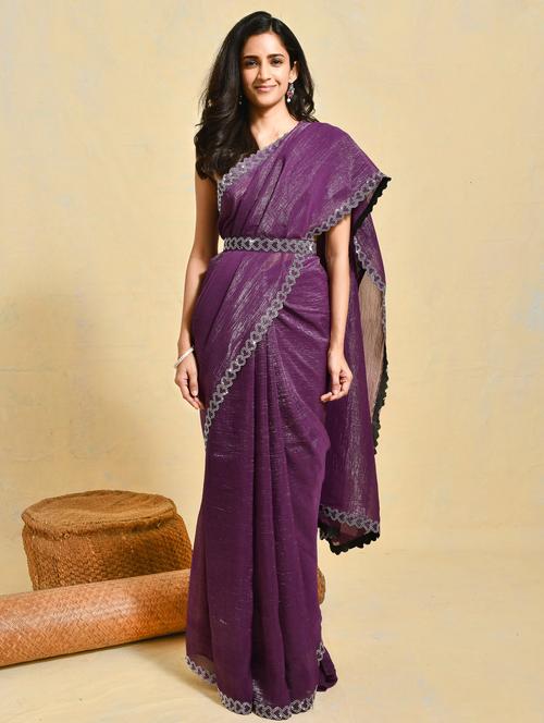 women solid with embellished bordered saree with blouse - 21965564 - Very Small Image - 1