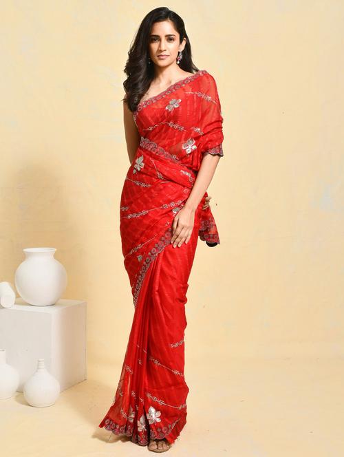 women striped embroidered saree with blouse - 21965565 - Very Small Image - 1