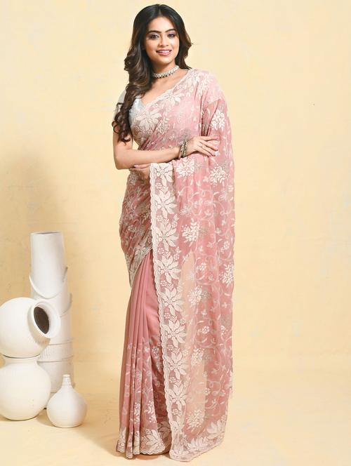 women solid with work embroidered saree with blouse - 21965622 - Very Small Image - 1