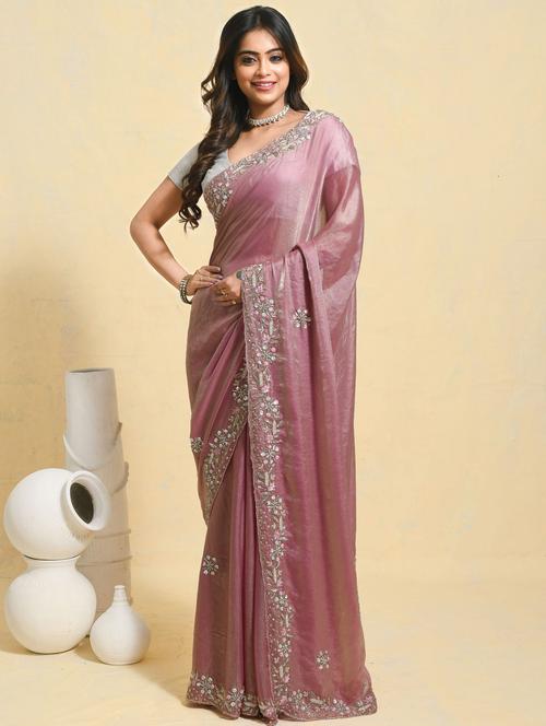 women solid with work embellished saree with blouse - 21965637 - Very Small Image - 1