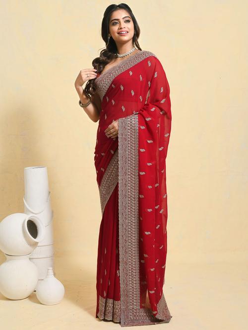 women solid with work embroidered saree with blouse - 21965639 - Very Small Image - 1