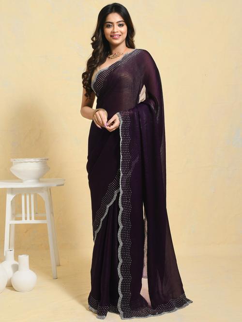 women solid with embellished bordered saree with blouse - 21965645 - Very Small Image - 1