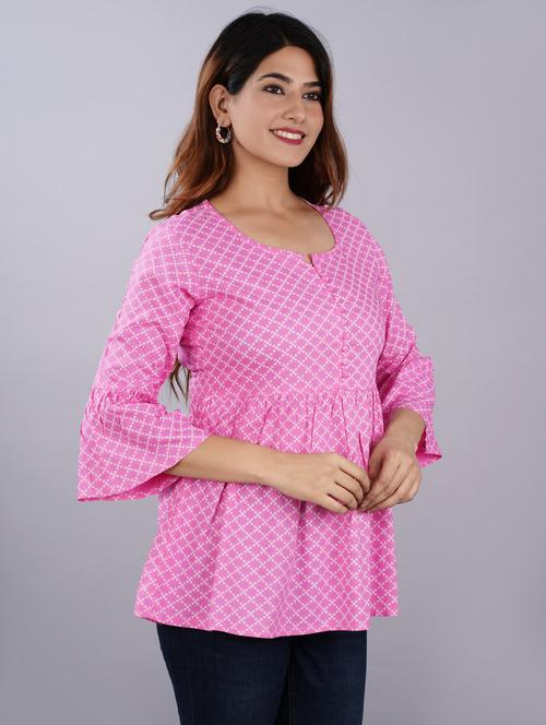 women pink printed notch neck flared tunic - 21966684 - Very Small Image - 1