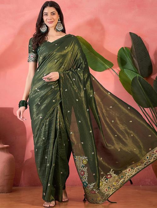 women green self design saree with blouse - 21976120 - Very Small Image - 1
