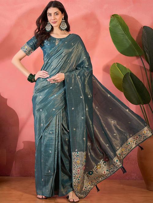 women teal self design saree with blouse - 21976121 - Very Small Image - 1
