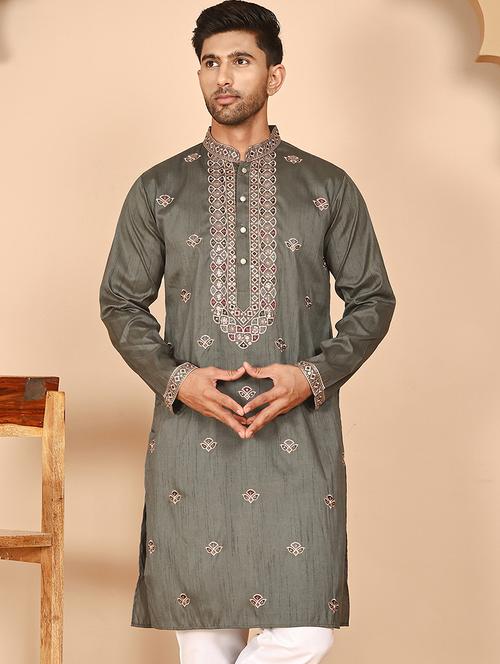 men solid with work mandarin neck long kurta - 21978494 - Very Small Image - 1
