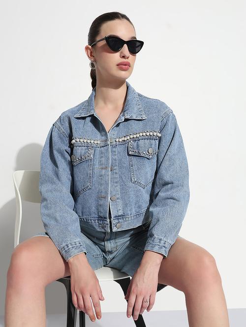 women embellished long sleeve crop denim jacket - 21979846 - Very Small Image - 1