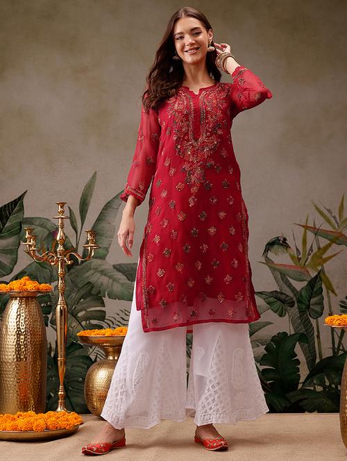 women chikankari three quarter sleeve straight kurta - 21980025 - Very Small Image - 1