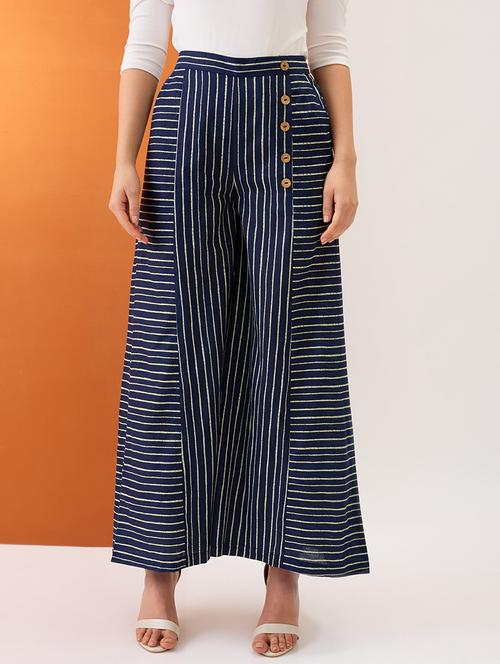 women indigo variegated stripes button detail mid-rise flared fusion palazzos - 21980136 - Very Small Image - 1