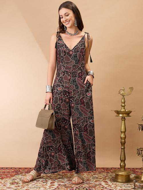 women black v-neck tie up sleeves ethnic print wide leg fusion jumpsuit - 21980202 - Very Small Image - 1