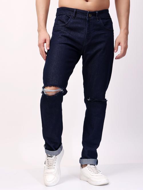 men navy blue slash knee mid rise full length jeans - 21980966 - Very Small Image - 1