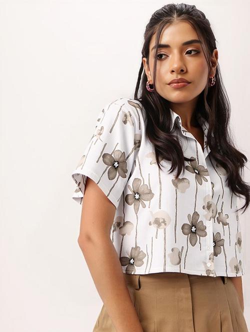 women printed collared short sleeve crop shirt - 21983466 - Very Small Image - 1