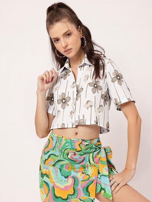 women printed collared short sleeve crop shirt - 21983474 - Very Small Image - 1