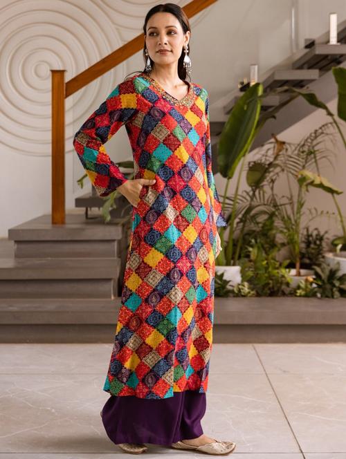 women printed long sleeve kurta palazzo set - 21985566 - Very Small Image - 1