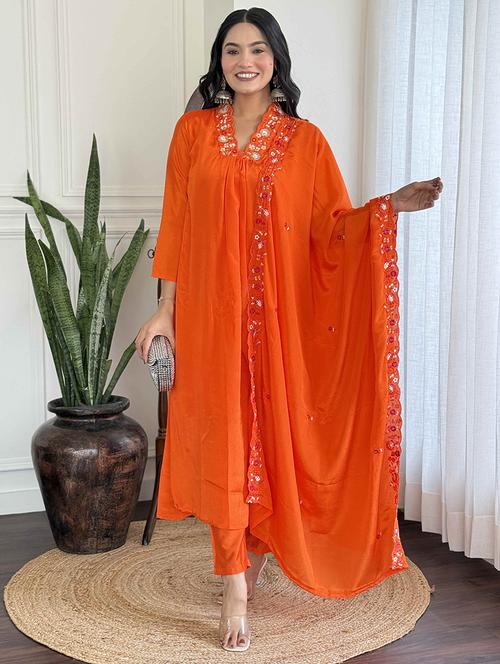 women solid with work long sleeve kurta pant with dupatta set - 21989880 - Very Small Image - 1