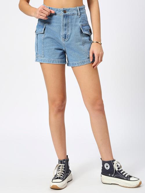 women solid high rise denim cargo short - 21991217 - Very Small Image - 1