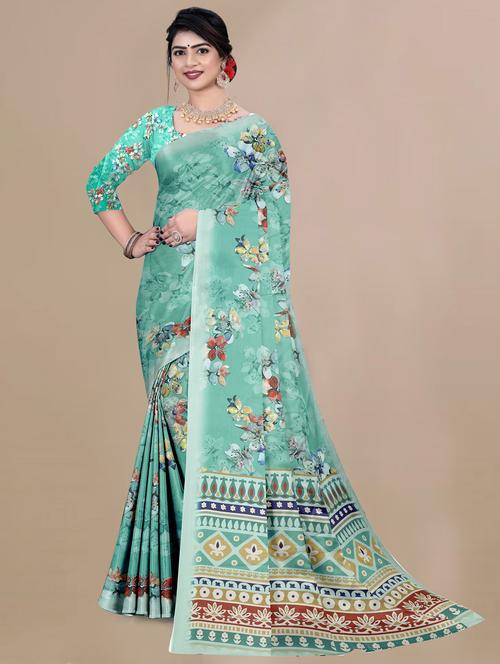 turquoise chiffon printed saree with blouse - 21991290 - Very Small Image - 1