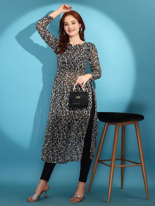 women animal prin long sleeve side slit kurta - 21992366 - Very Small Image - 1