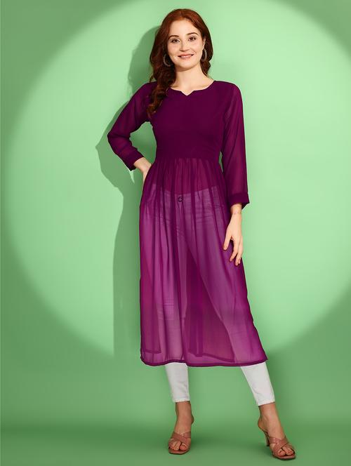 women solid long sleeve side slit kurta - 21992370 - Very Small Image - 1