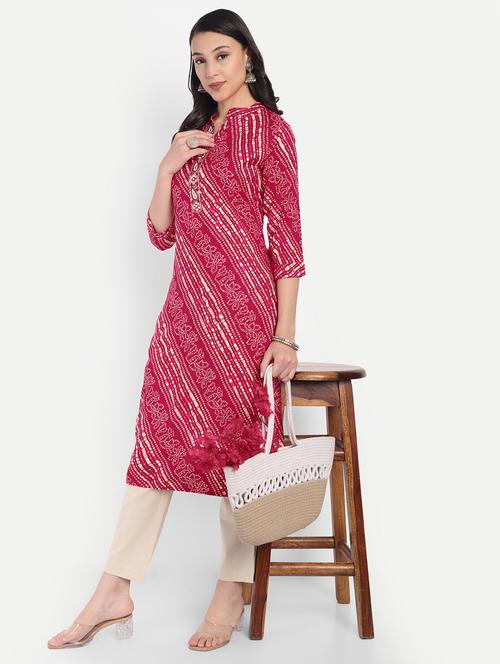 women leheriya printed three quarter sleeve straight kurta - 21994515 - Very Small Image - 1