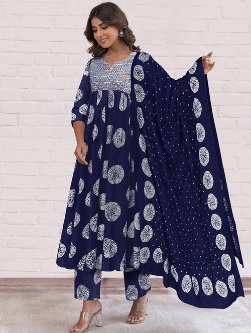 women printed three quarter sleeve anarkali kurta pant with dupatta set - 21997232 - Very Small Image - 1